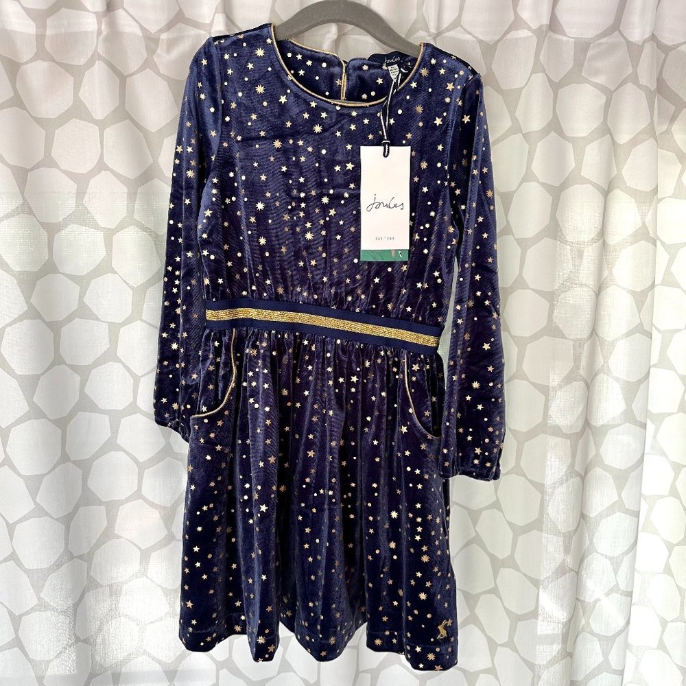 Joules Girls' Navy Velvet Star-Print Dress with Gold Trim
